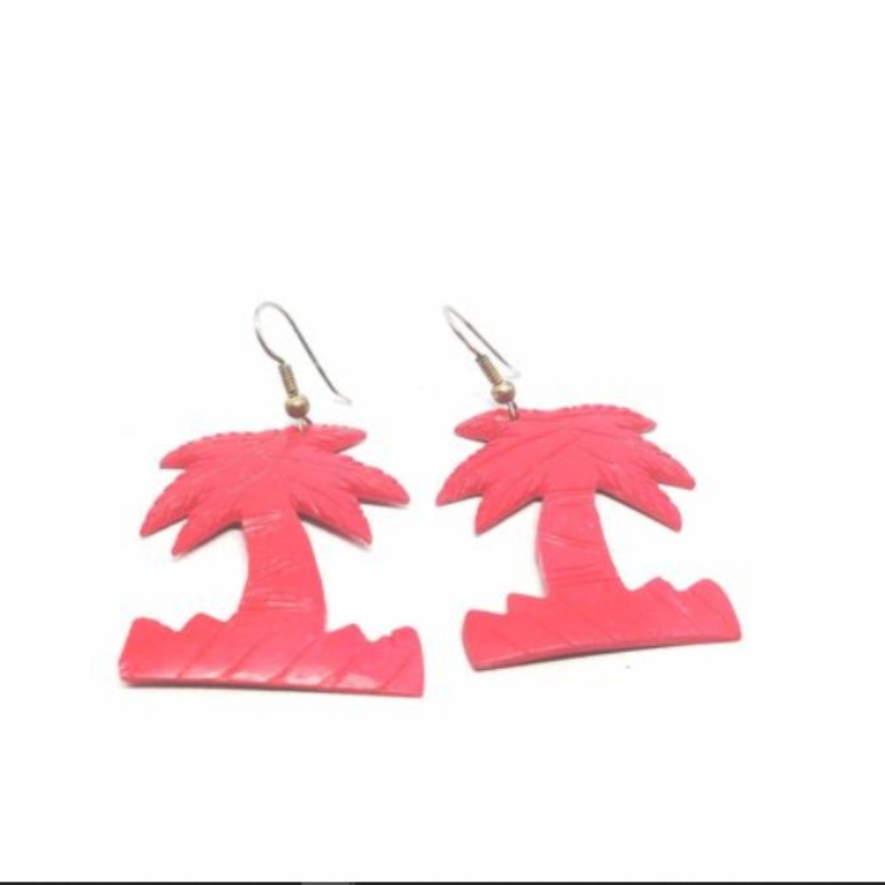 Red Palm Tree Fish Hook Vintage Earrings